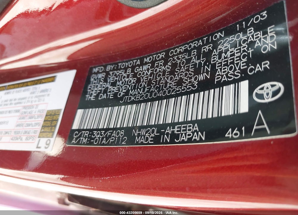 2004 TOYOTA PRIUS VIN: JTDKB20U040025553