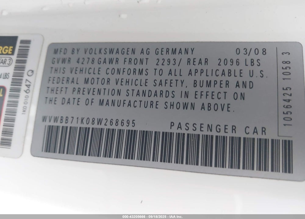 2008 VOLKSWAGEN RABBIT S VIN: WVWBB71K08W268695