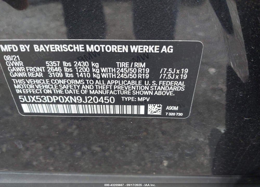 2022 BMW X3 VIN: 5UX53DP0XN9J20450