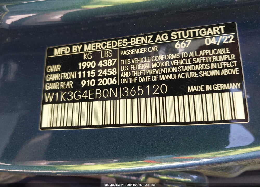 2022 MERCEDES-BENZ A 220 VIN: W1K3G4EB0NJ365120