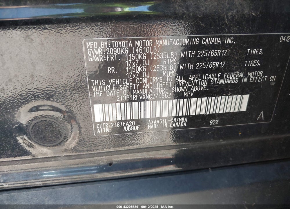 2022 TOYOTA RAV4 VIN: 2T3P1RFVXNC279562