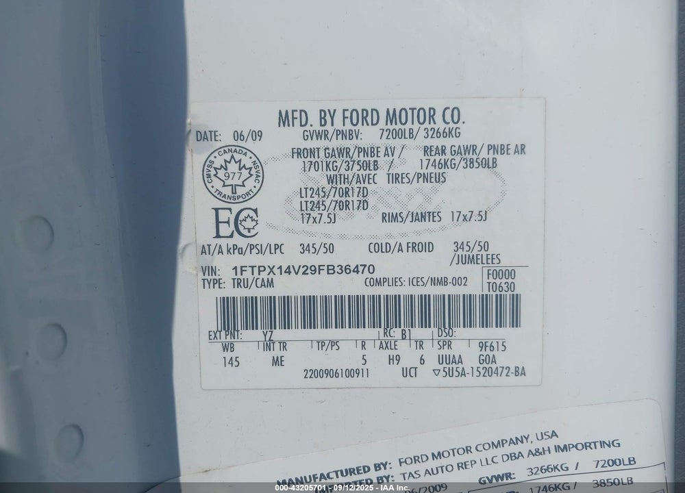 2009 FORD F-150 VIN: 1FTPX14V29FB36470