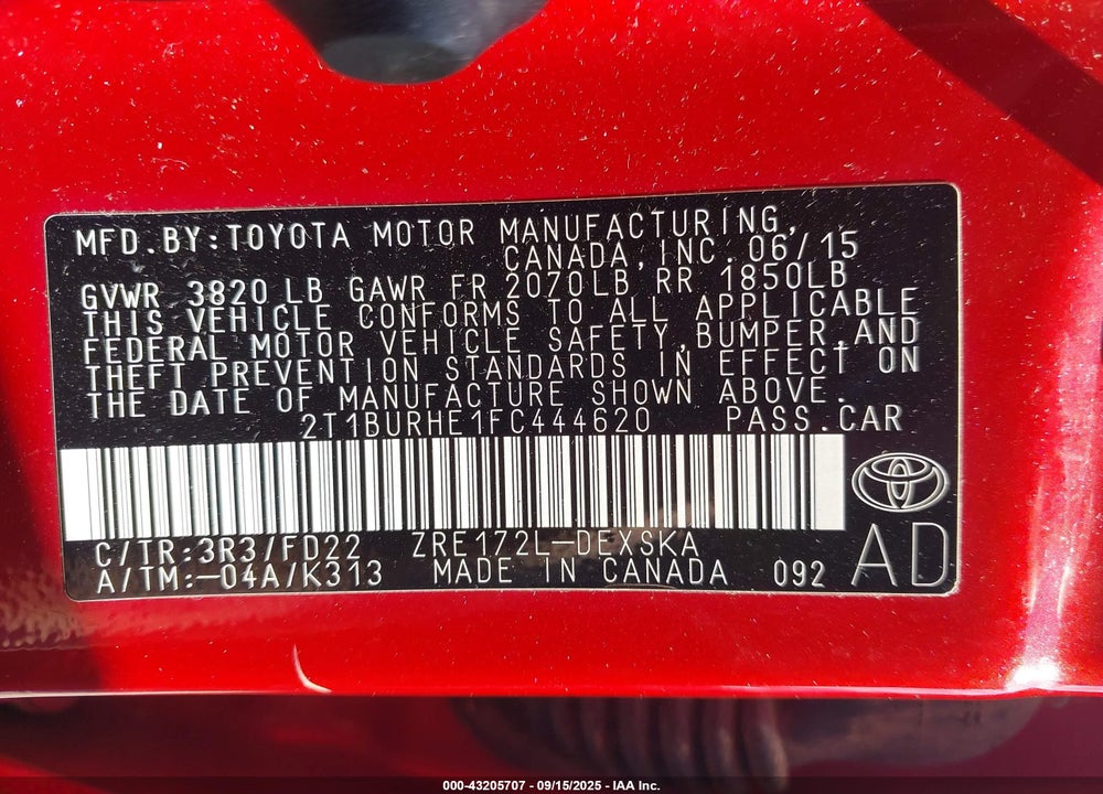 2015 TOYOTA COROLLA VIN: 2T1BURHE1FC444620