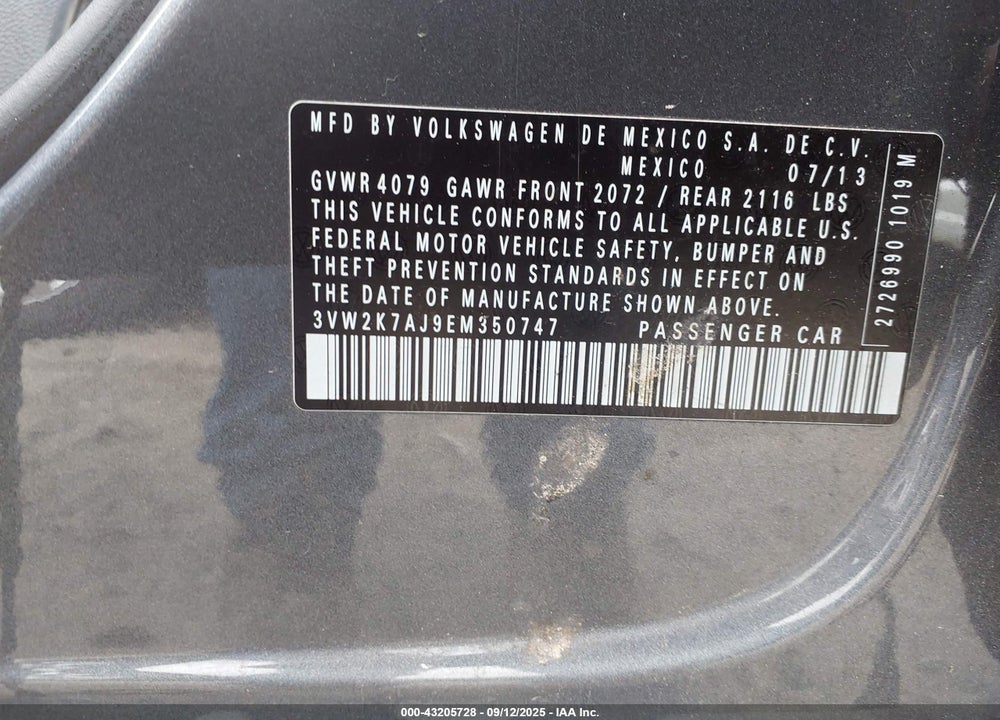 2014 VOLKSWAGEN JETTA VIN: 3VW2K7AJ9EM350747