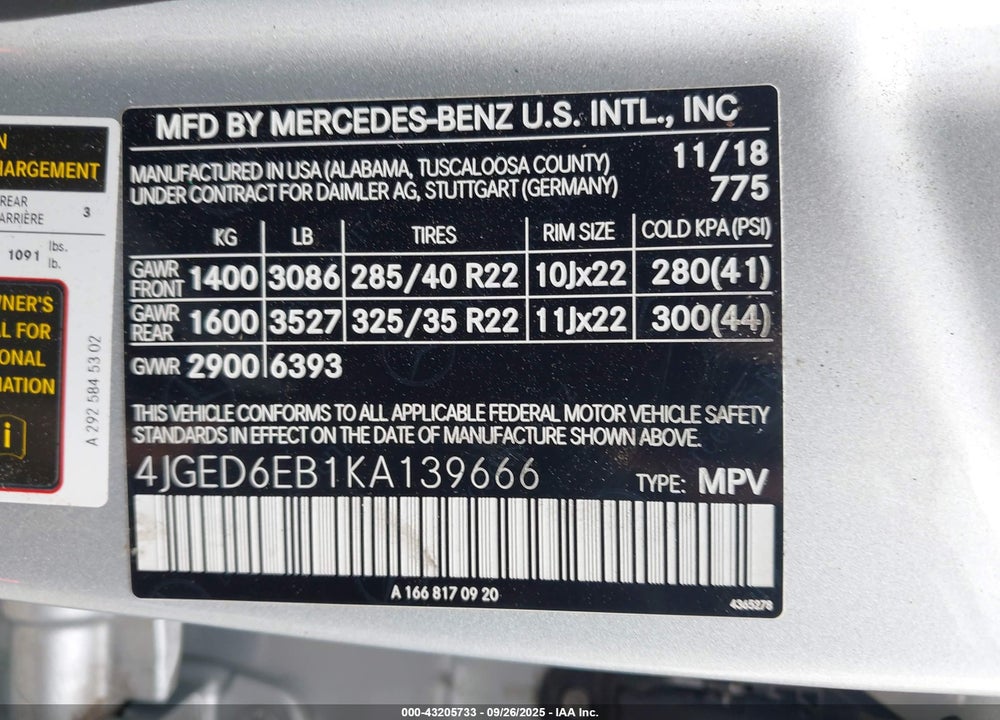 2019 MERCEDES-BENZ GLE CLASS VIN: 4JGED6EB1KA139666
