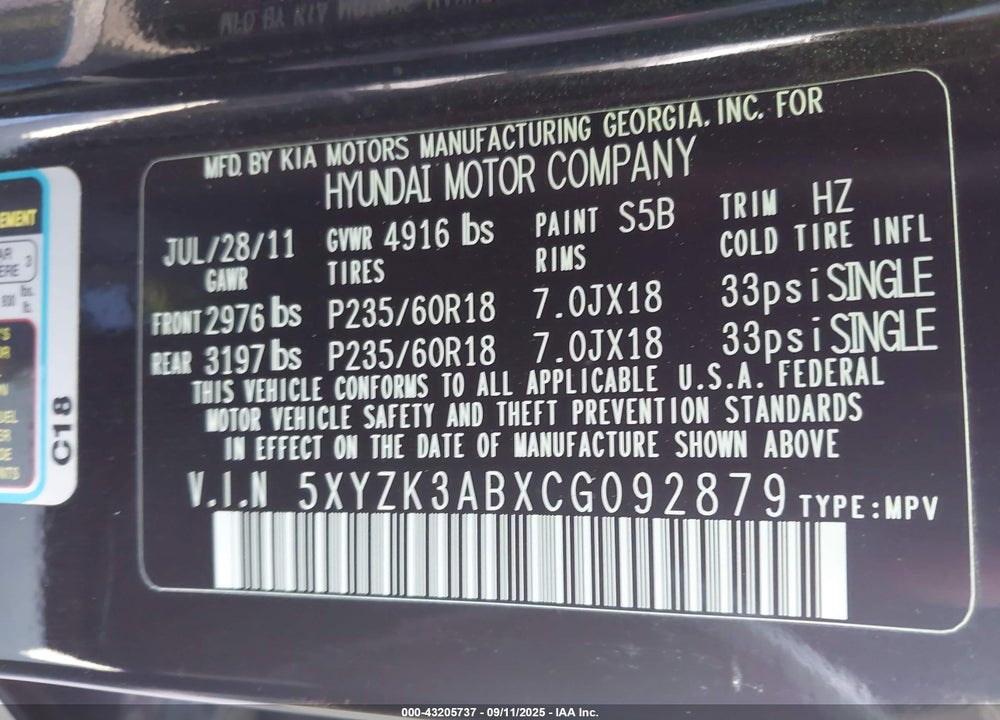 2012 HYUNDAI SANTA FE VIN: 5XYZK3ABXCG092879