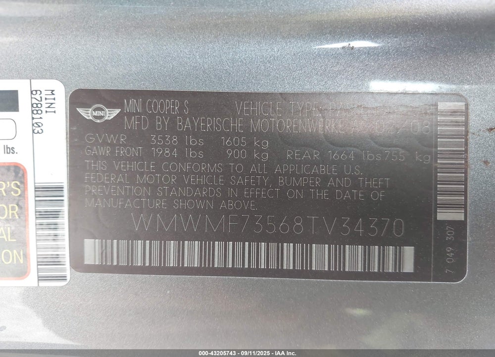 2008 MINI COOPER S VIN: WMWMF73568TV34370