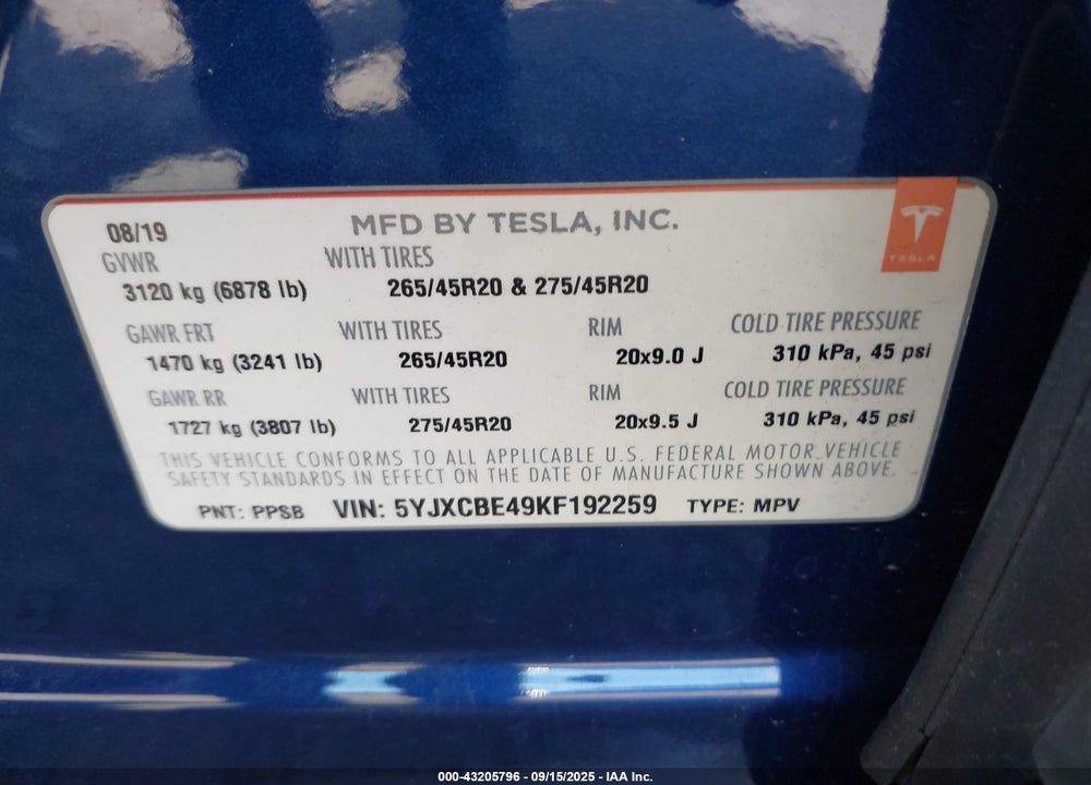 2019 TESLA MODEL X VIN: 5YJXCBE49KF192259