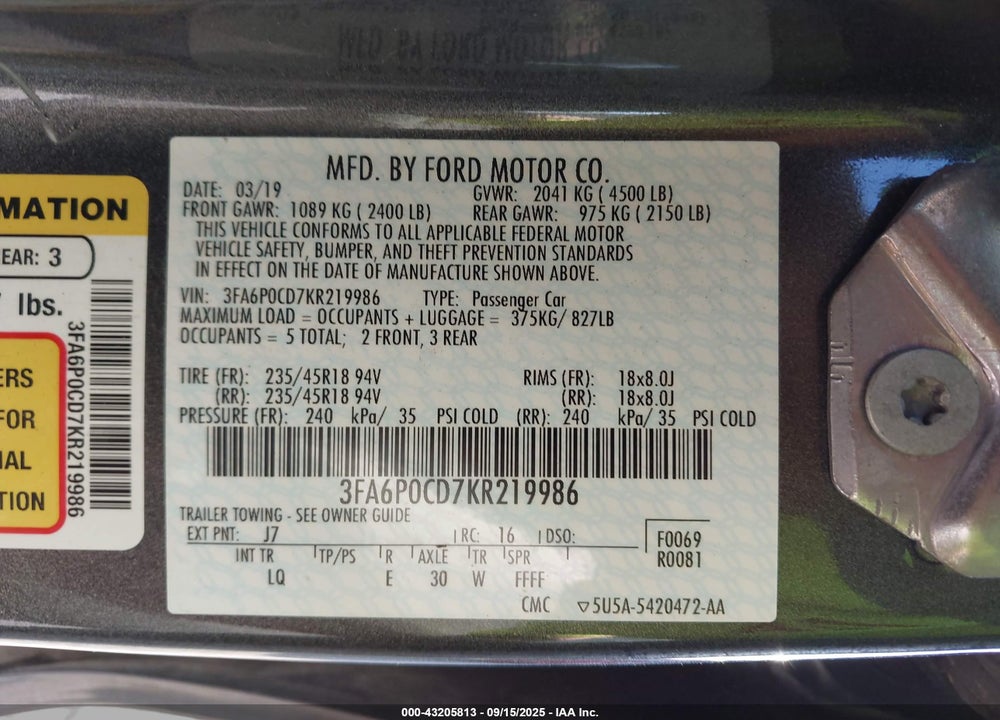 2019 FORD FUSION VIN: 3FA6P0CD7KR219986