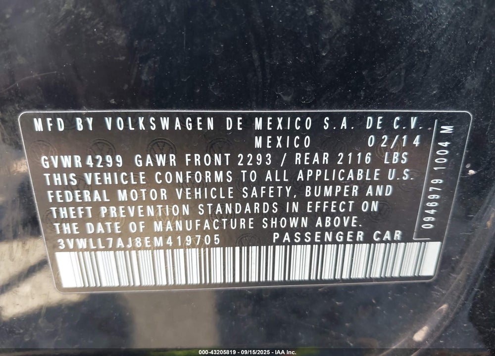 2014 VOLKSWAGEN JETTA VIN: 3VWLL7AJ8EM419705