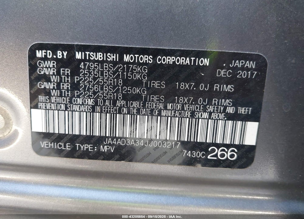 2018 MITSUBISHI OUTLANDER VIN: JA4AD3A34JJ003217