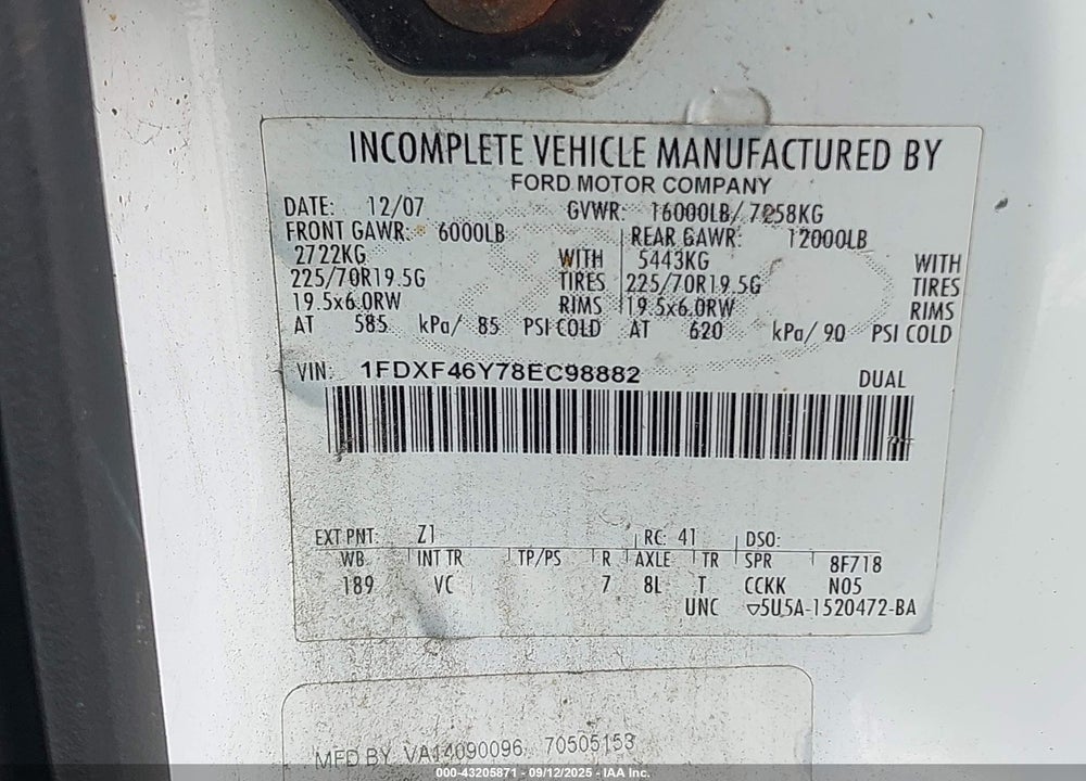 2008 FORD F-450 CHASSIS XL/XLT VIN: 1FDXF46Y78EC98882