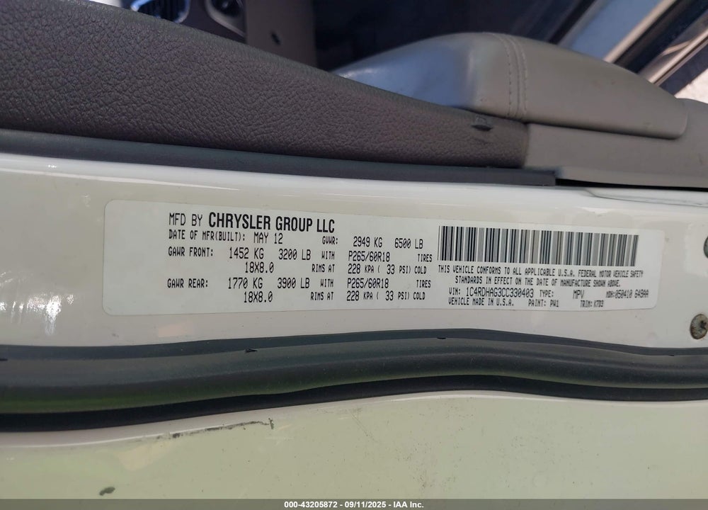 2012 DODGE DURANGO VIN: 1C4RDHAG3CC330403
