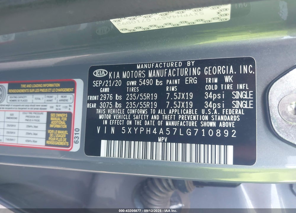 2020 KIA SORENTO VIN: 5XYPH4A57LG710892