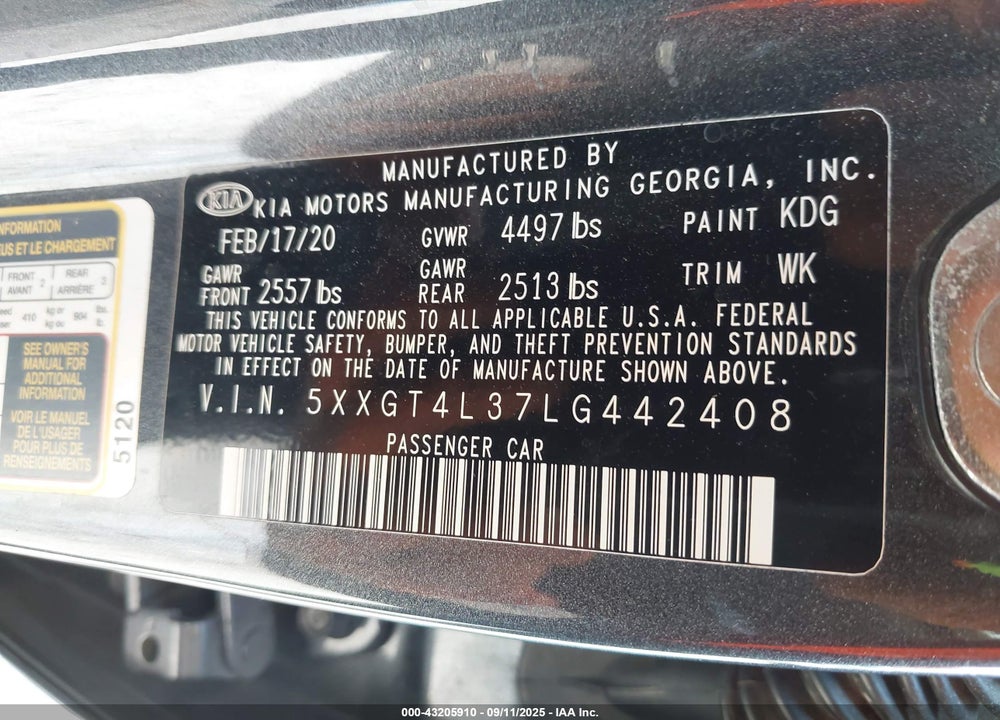 2020 KIA OPTIMA LX VIN: 5XXGT4L37LG442408