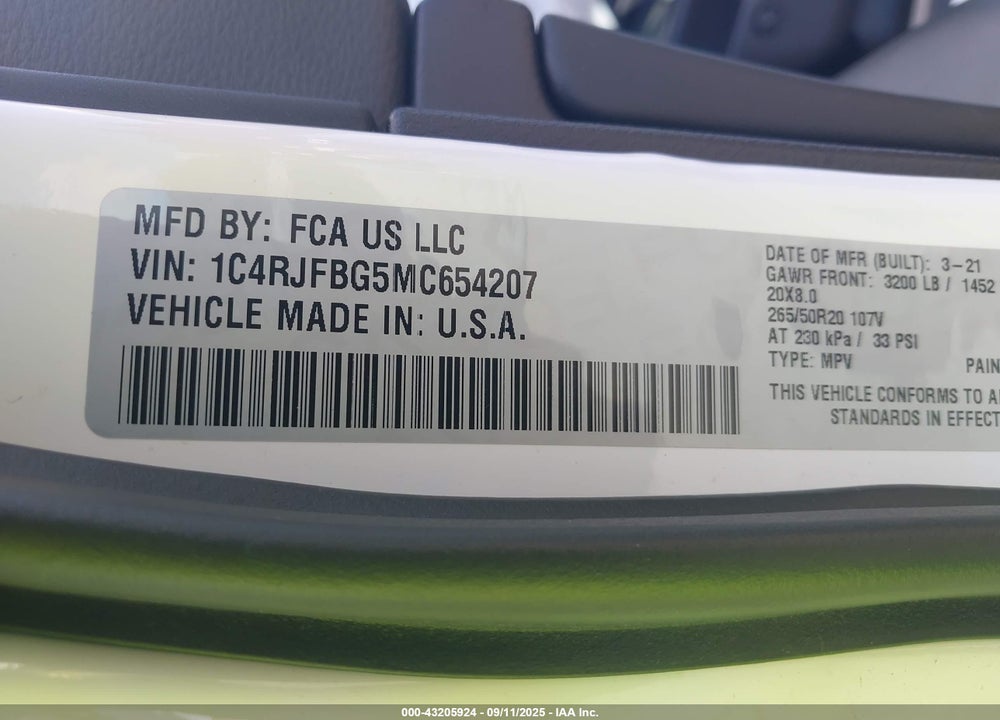 2021 JEEP GRAND CHEROKEE VIN: 1C4RJFBG5MC654207