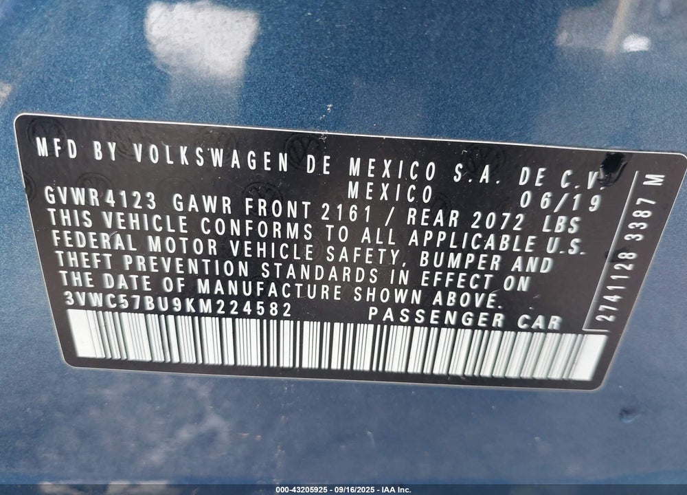 2019 VOLKSWAGEN JETTA 1.4T R-LINE/1.4T S/1.4T SE VIN: 3VWC57BU9KM224582