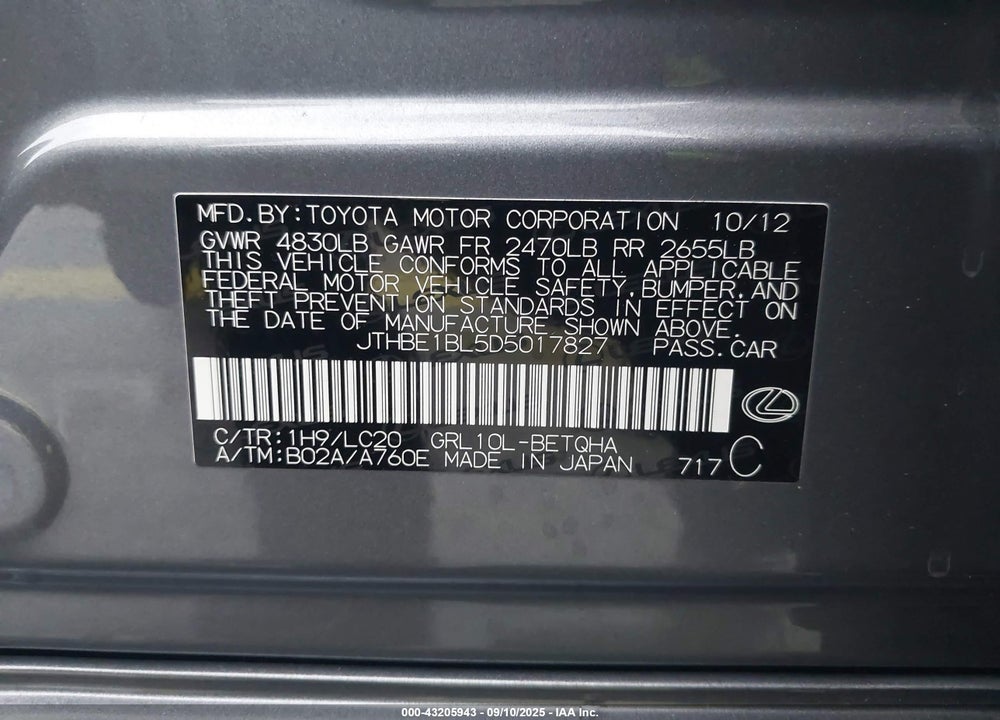 2013 LEXUS GS 350 VIN: JTHBE1BL5D5017827