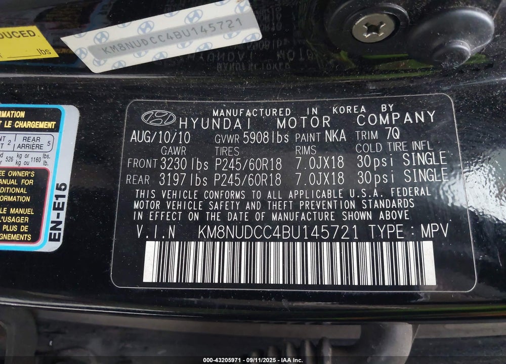 2011 HYUNDAI VERACRUZ VIN: KM8NUDCC4BU145721