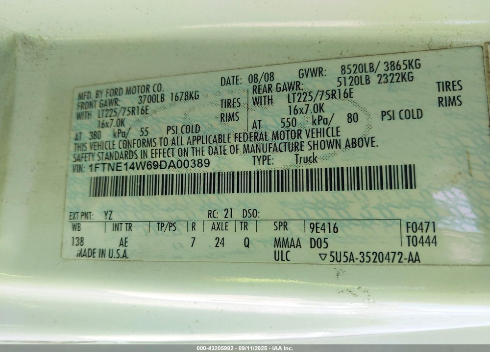 2009 FORD E 150 VIN: 1FTNE14W69DA00389