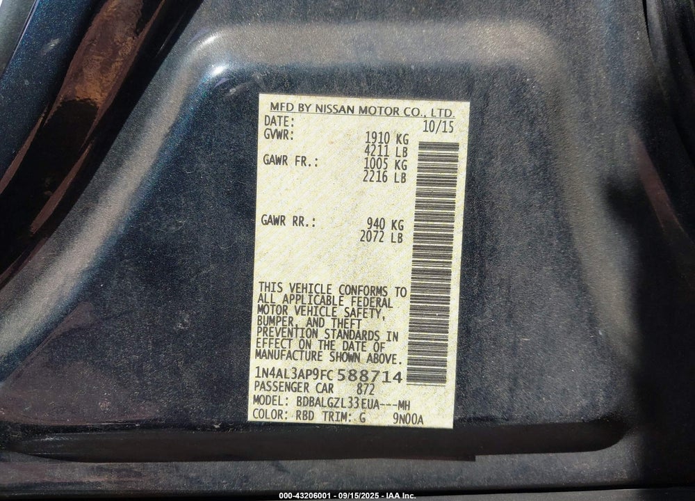 2015 NISSAN ALTIMA VIN: 1N4AL3AP9FC588714