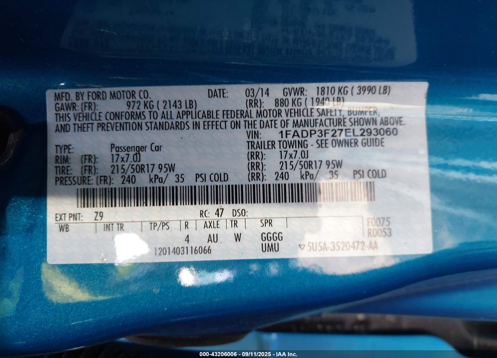 2014 FORD FOCUS SE VIN: 1FADP3F27EL293060
