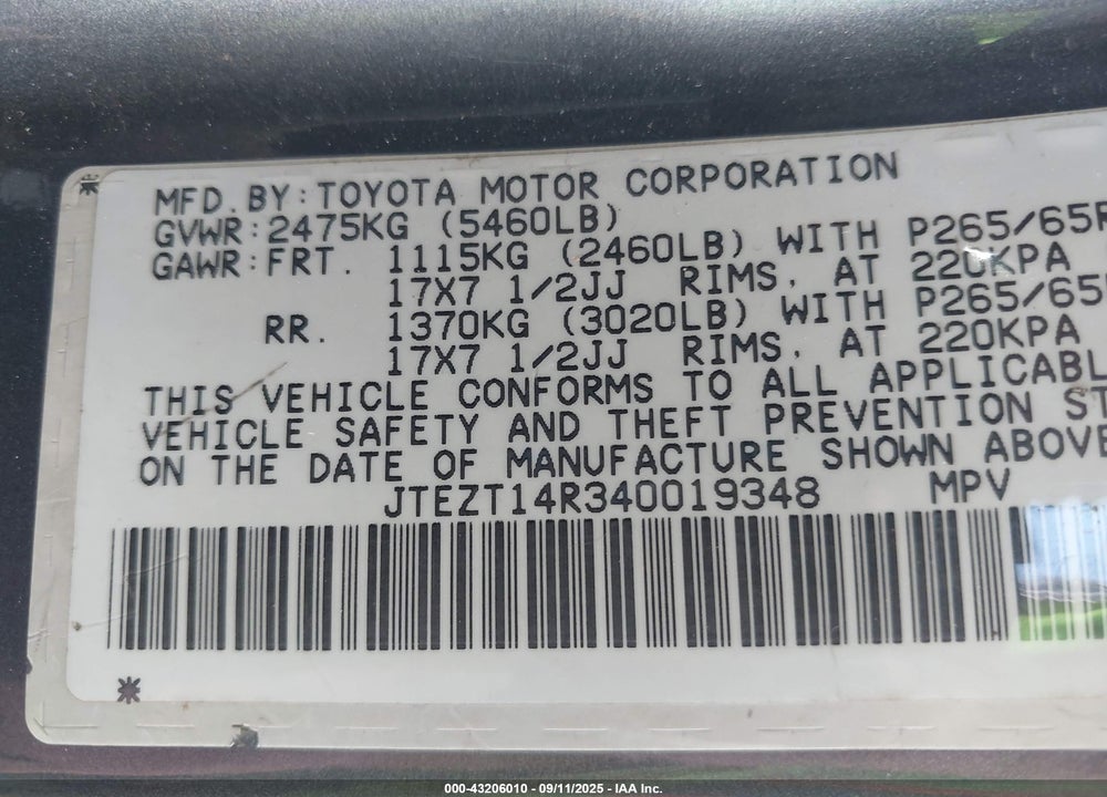 2004 TOYOTA 4RUNNER SR5 V8 VIN: JTEZT14R340019348