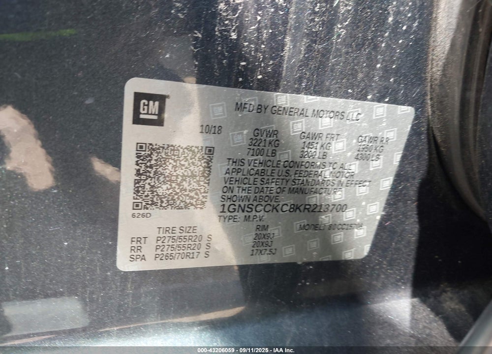 2019 CHEVROLET TAHOE VIN: 1GNSCCKC8KR213700