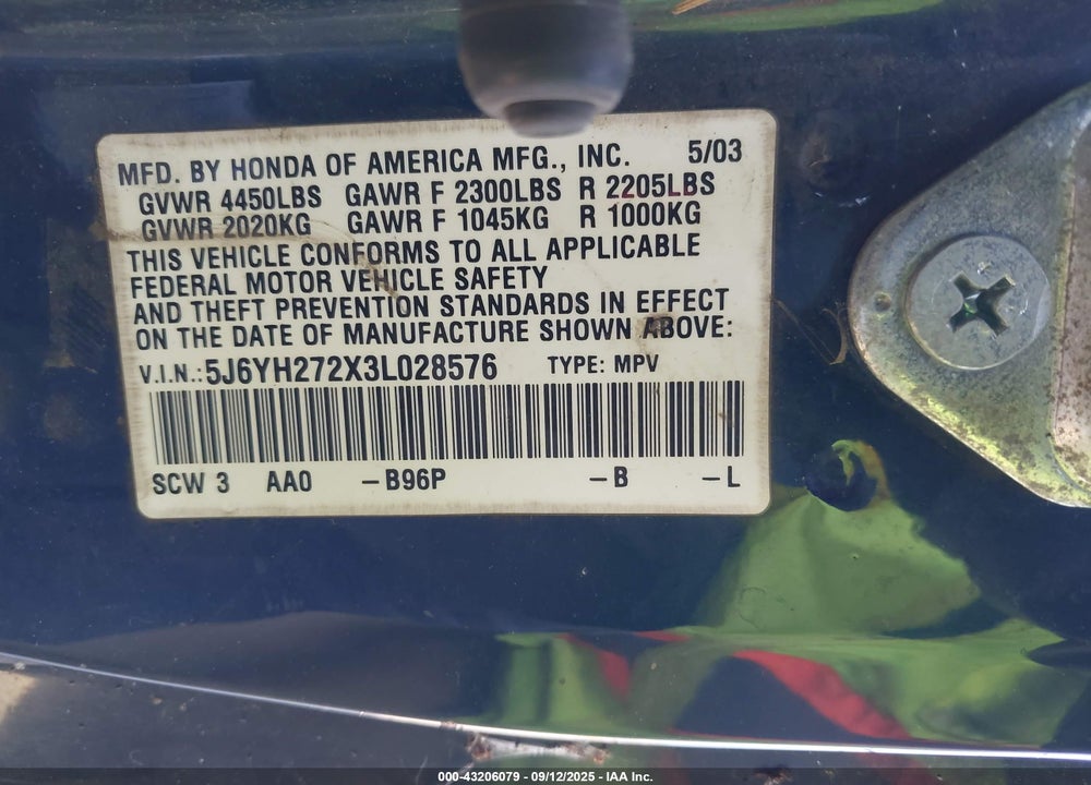 2003 HONDA ELEMENT DX VIN: 5J6YH272X3L028576