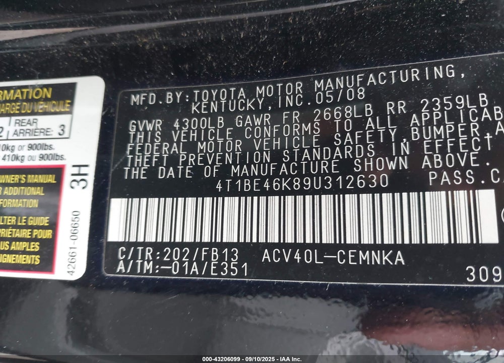 2009 TOYOTA CAMRY VIN: 4T1BE46K89U312630