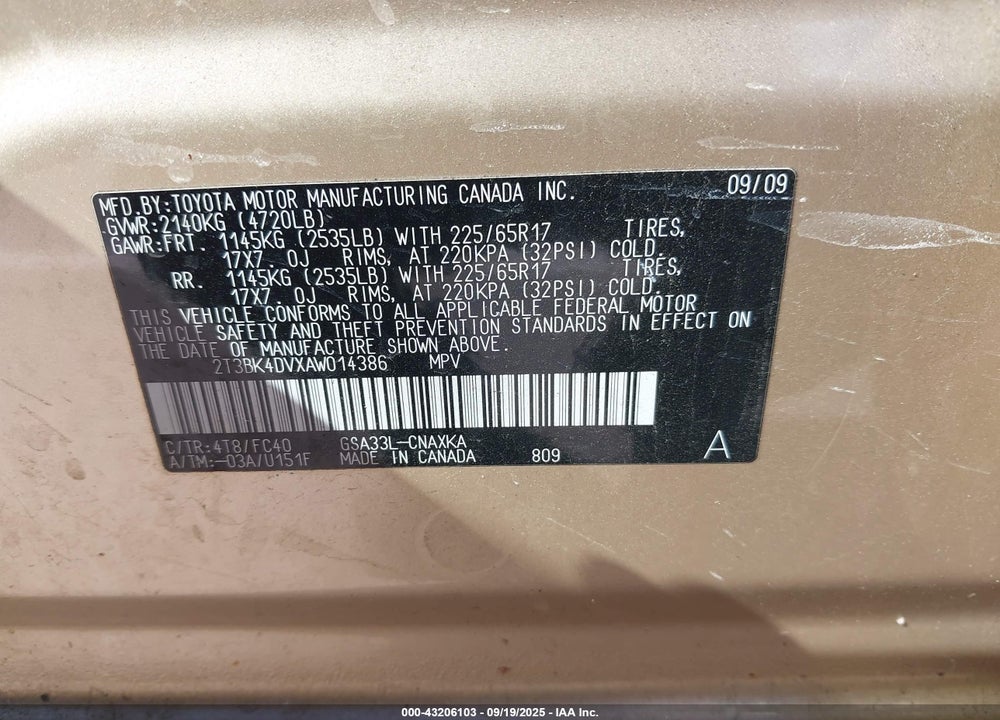 2010 TOYOTA RAV4 VIN: 2T3BK4DVXAW014386