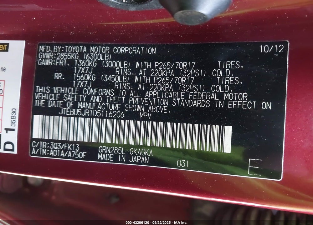 2013 TOYOTA 4RUNNER VIN: JTEBU5JR1D5116206
