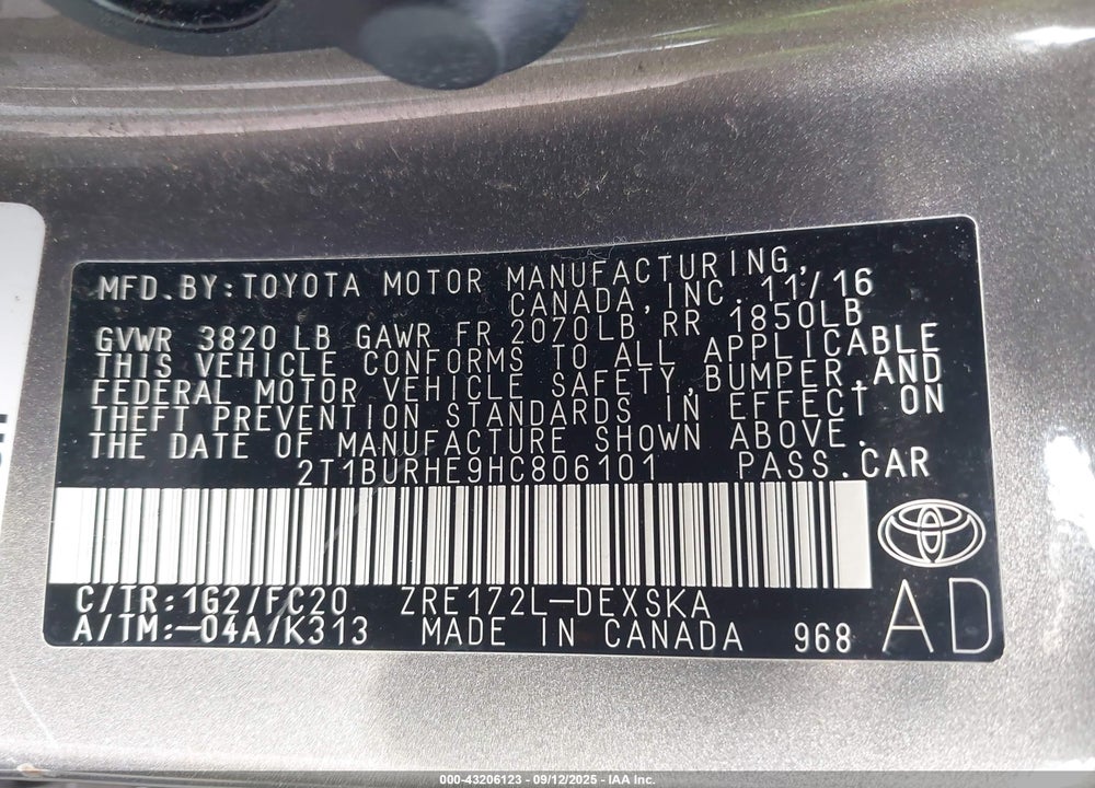 2017 TOYOTA COROLLA SE VIN: 2T1BURHE9HC806101