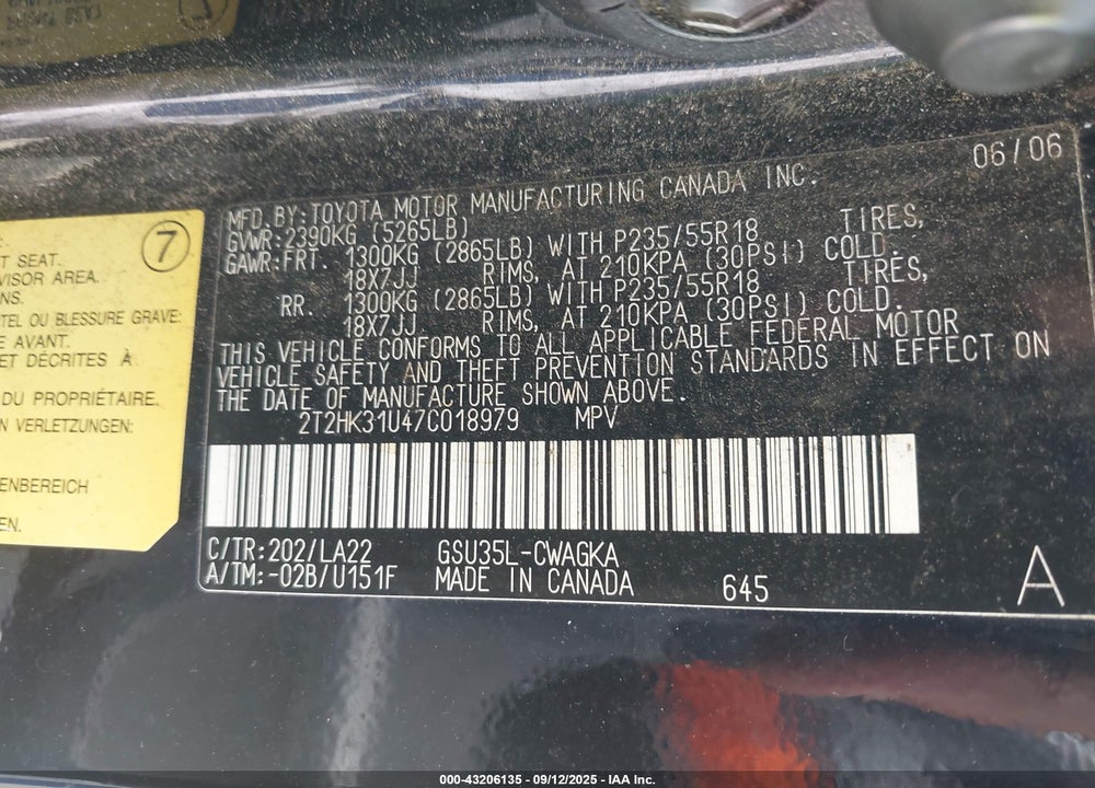 2007 LEXUS RX 350 VIN: 2T2HK31U47C018979