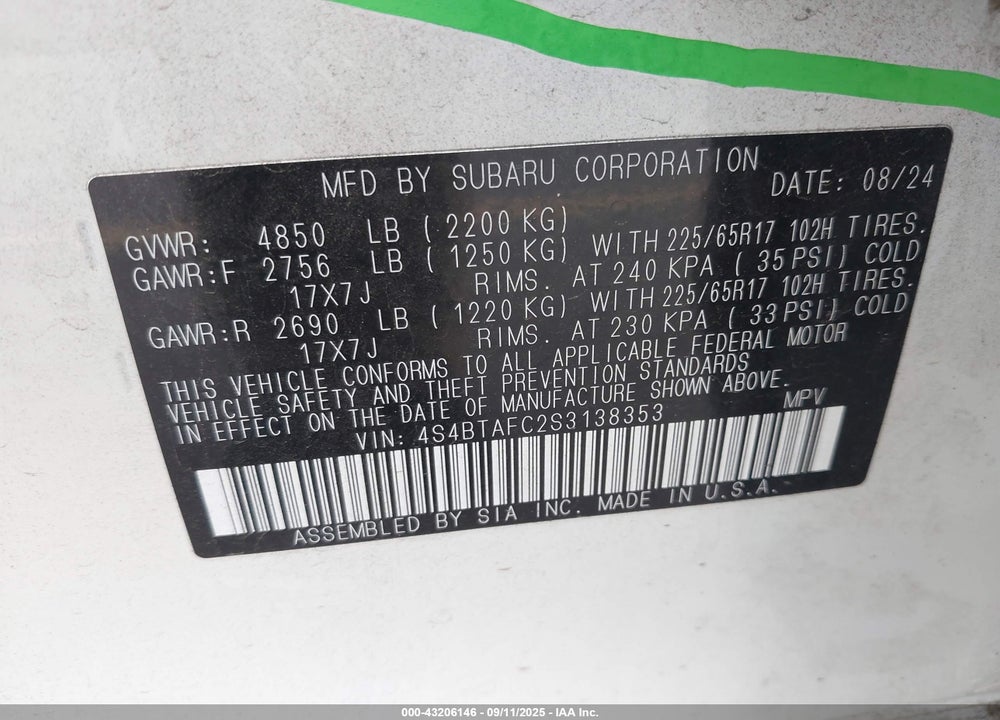 2025 SUBARU OUTBACK PREMIUM VIN: 4S4BTAFC2S3138353