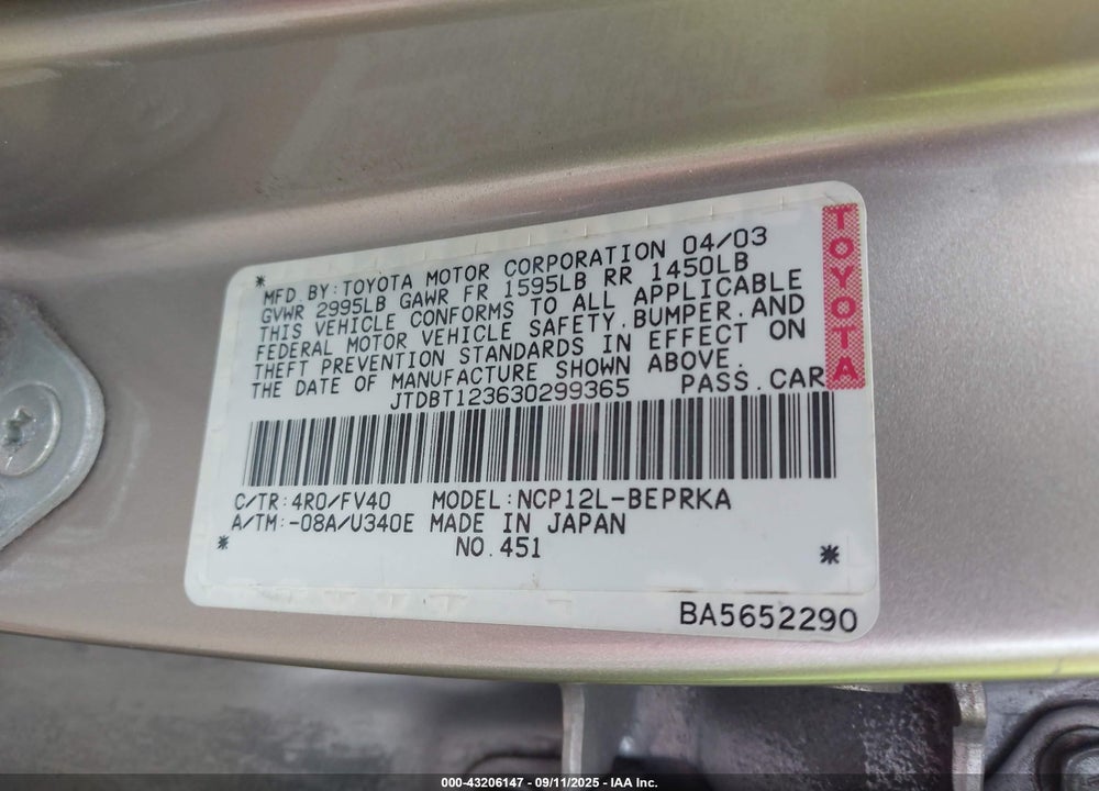 2003 TOYOTA ECHO VIN: JTDBT123630299365