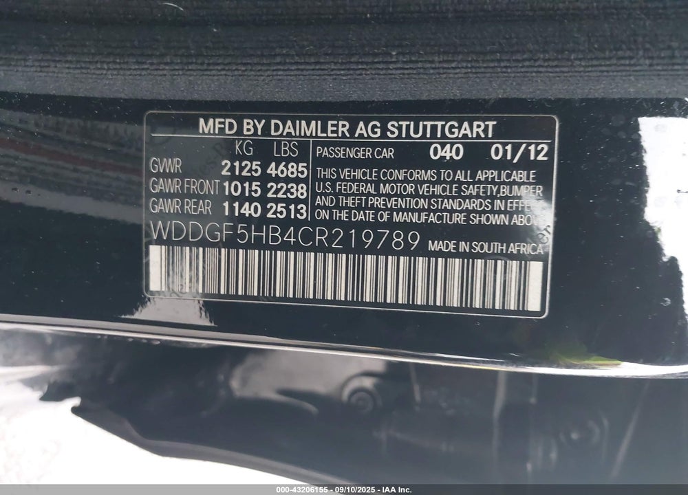 2012 MERCEDES-BENZ C CLASS VIN: WDDGF5HB4CR219789