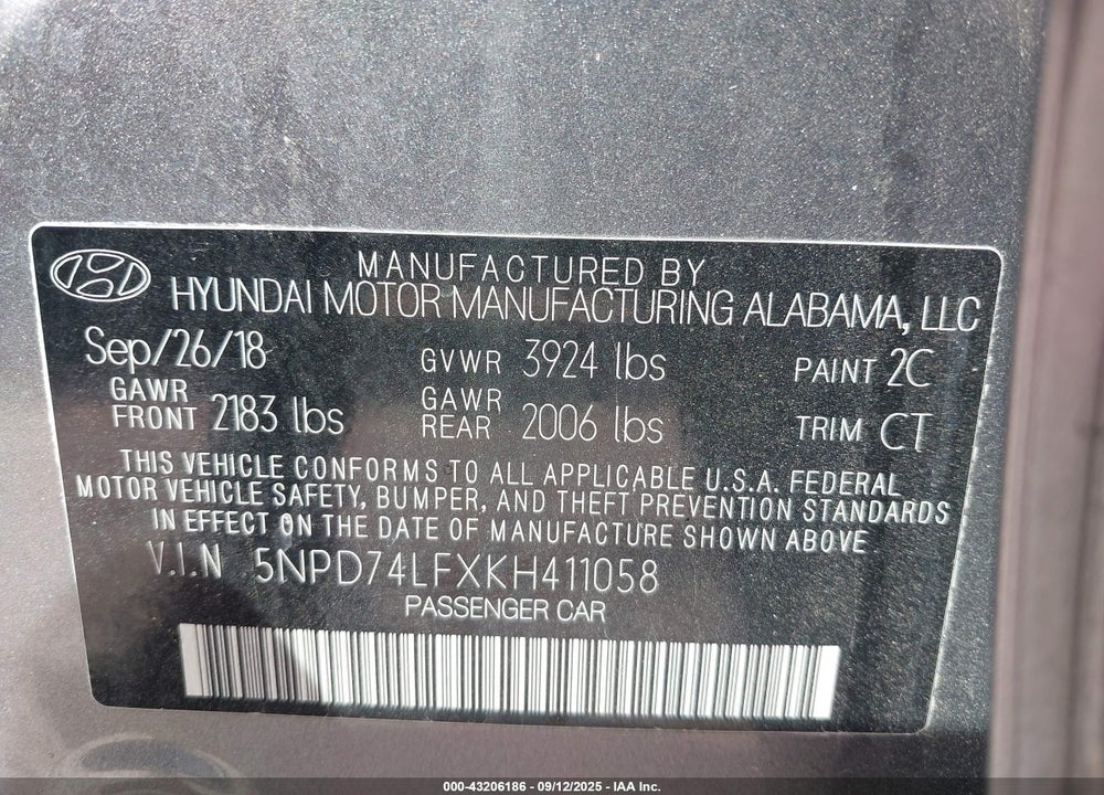 2019 HYUNDAI ELANTRA VIN: 5NPD74LFXKH411058