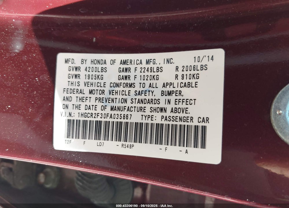 2015 HONDA ACCORD VIN: 1HGCR2F30FA035867