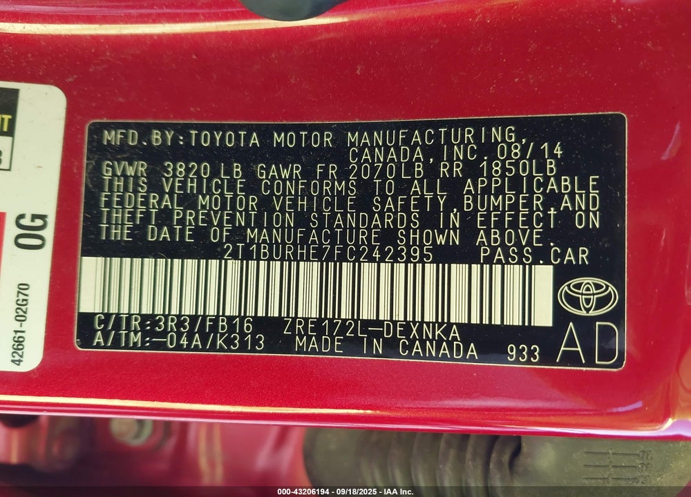 2015 TOYOTA COROLLA VIN: 2T1BURHE7FC242395