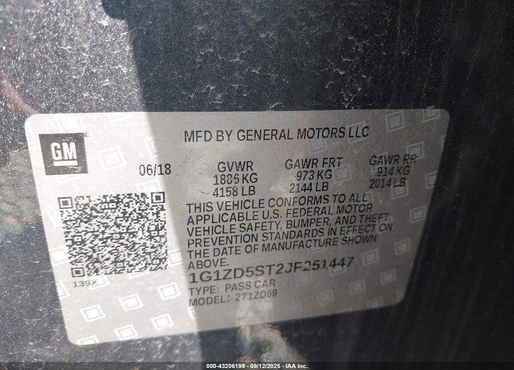 2018 CHEVROLET MALIBU LT VIN: 1G1ZD5ST2JF251447