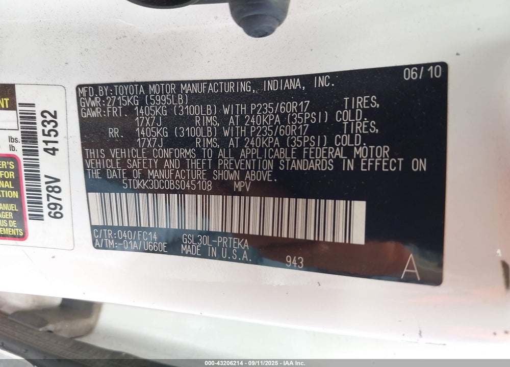 2011 TOYOTA SIENNA LE V6/LE V6 AUTO ACCESS SEAT VIN: 5TDKK3DC0BS045108