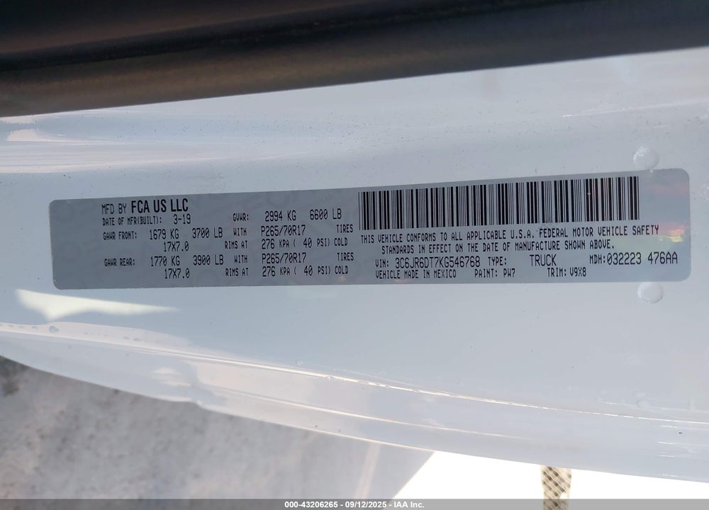 2019 RAM 1500 VIN: 3C6JR6DT7KG546768