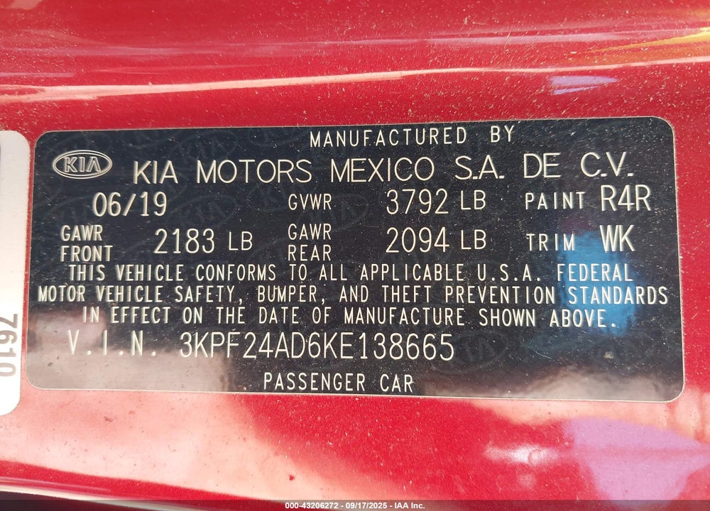2019 KIA FORTE VIN: 3KPF24AD6KE138665