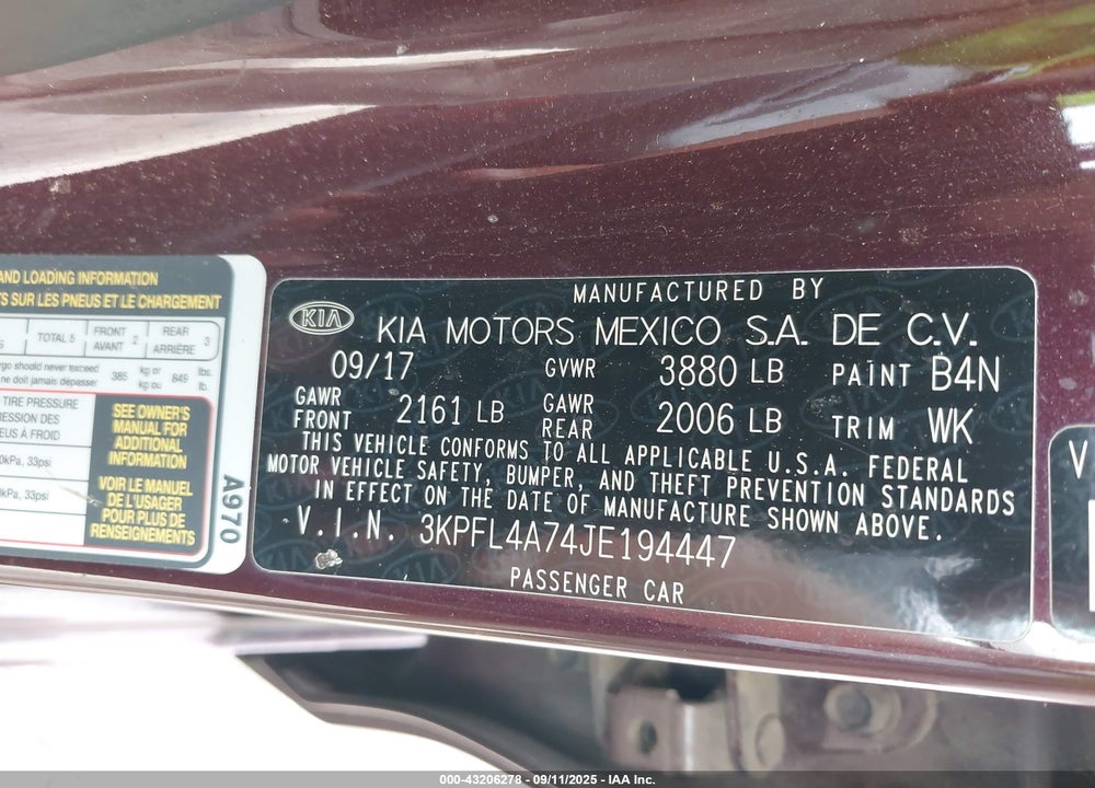 2018 KIA FORTE VIN: 3KPFL4A74JE194447