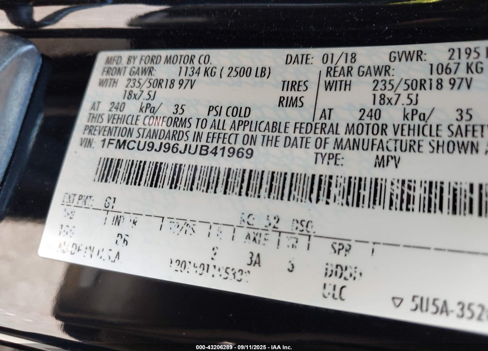 2018 FORD ESCAPE VIN: 1FMCU9J96JUB41969