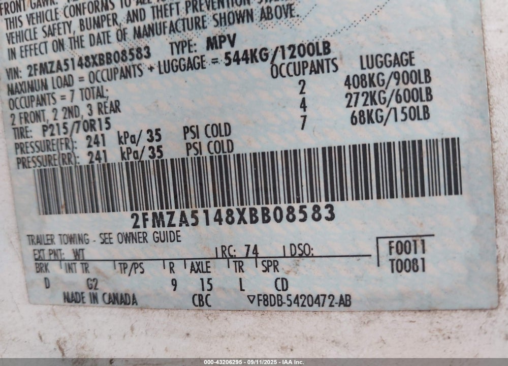 1999 FORD WINDSTAR LX VIN: 2FMZA5148XBB08583