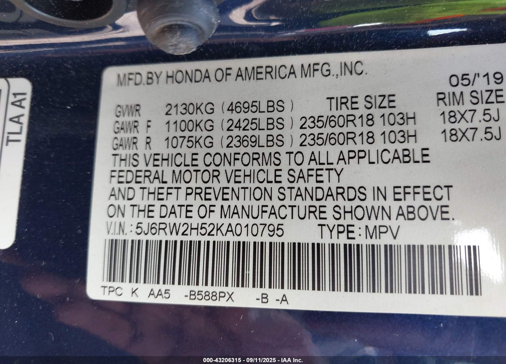 2019 HONDA CR-V EX VIN: 5J6RW2H52KA010795