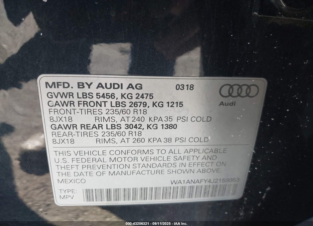 2018 AUDI Q5 VIN: WA1ANAFY4J2159953