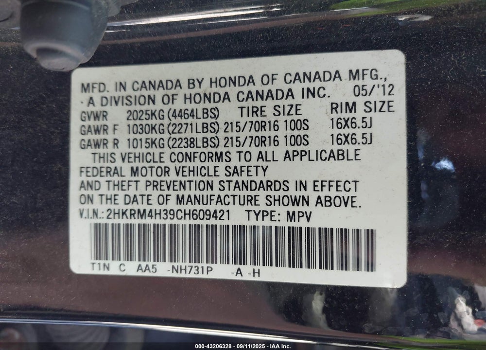 2012 HONDA CR-V VIN: 2HKRM4H39CH609421